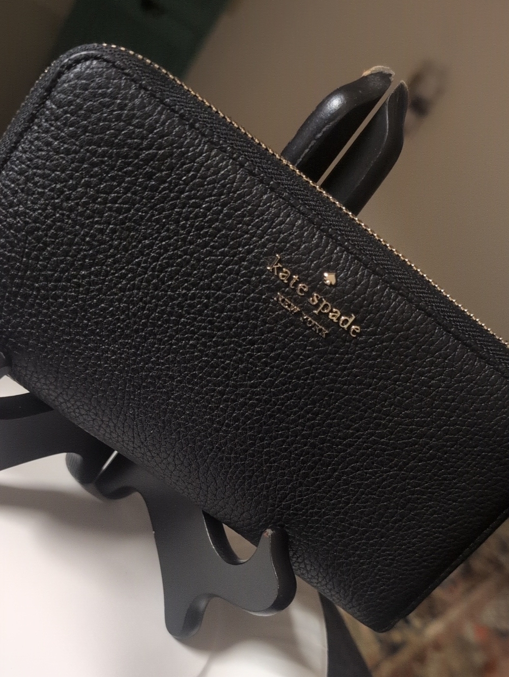 kate spade Black Pebbled Leather Zip Around Wallet with Gold Logo